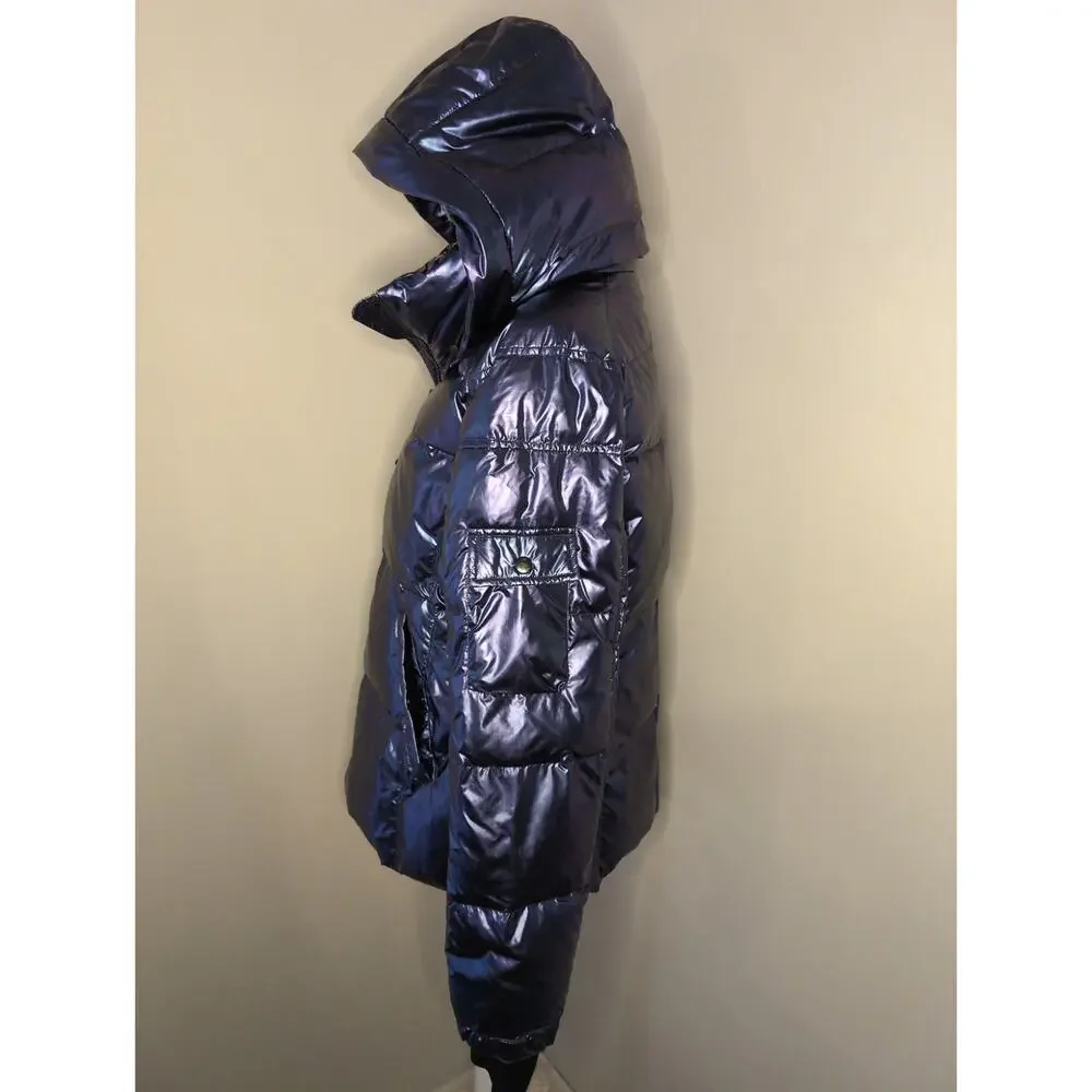 S13 NY blue metallic satin space Y2K futuristic Kylie puffer jacket - Picture 3 of 14